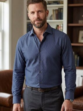 Esquire Men's Navy Blue Button-Up Shirt with Subtle Dot Pattern ptp 25